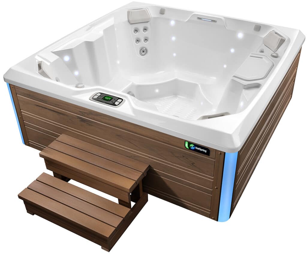 Limelight Beam Whirlpool mit Innenbeleuchtung, moderner Seitenverkleidung und Einstiegstreppe – HotSpring