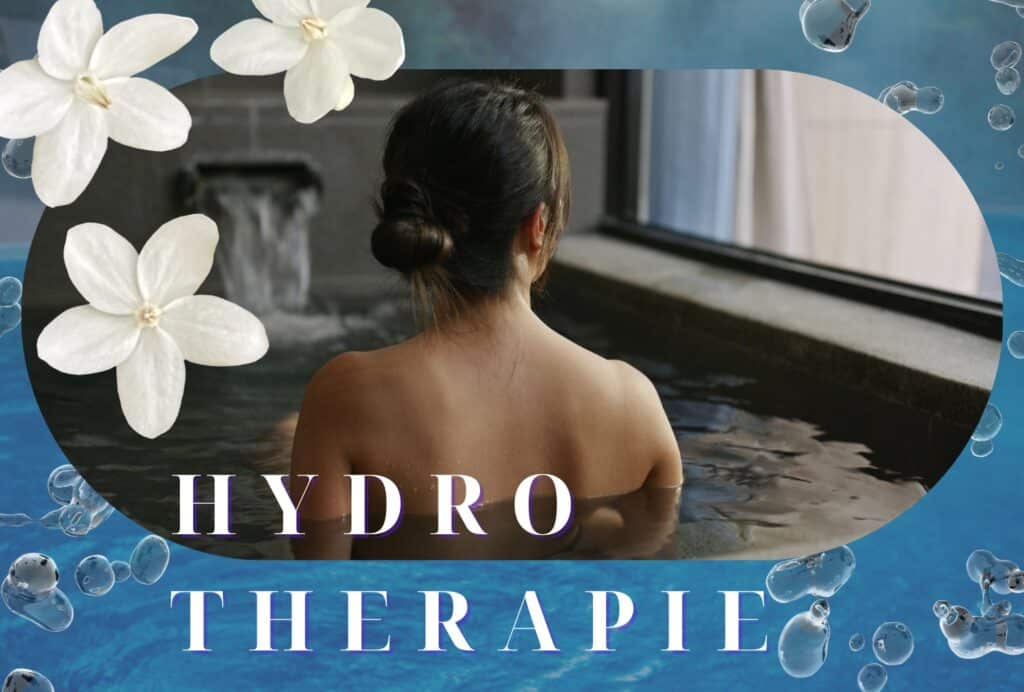 Hydrotherapie-Szene mit einer Person im warmen Wasser vor Wasserfall-Becken und Wellness-Dekor – HotSpring