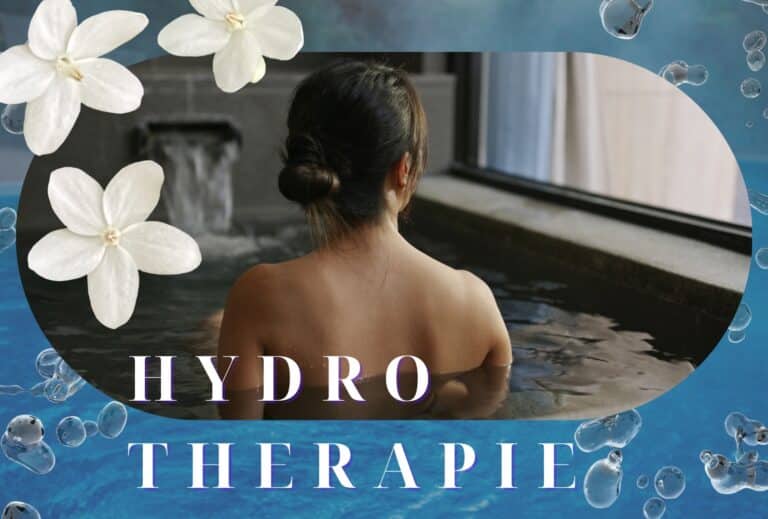 Hydrotherapie-Szene mit einer Person im warmen Wasser vor Wasserfall-Becken und Wellness-Dekor – HotSpring